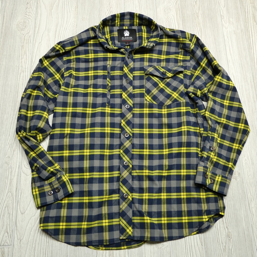 Alaskan Hardgear Flannel Shirt Adult Large Yellow Blue Plaid Button Up Midweight